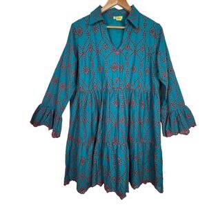 EUC L Teal Orange EYELET Embroidered Boho Festival Mini Dress MODAPOSA Cadenza